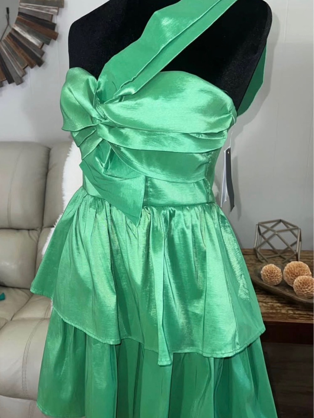 City Studio One-Shoulder Emerald Satin Dress with Bow Detail